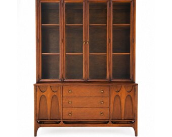 China Hutch Two Piece Broyhill Brasilia Collection Mid Century Buffet and Cabinet Vintage Dining Room Furniture Walnut Brass