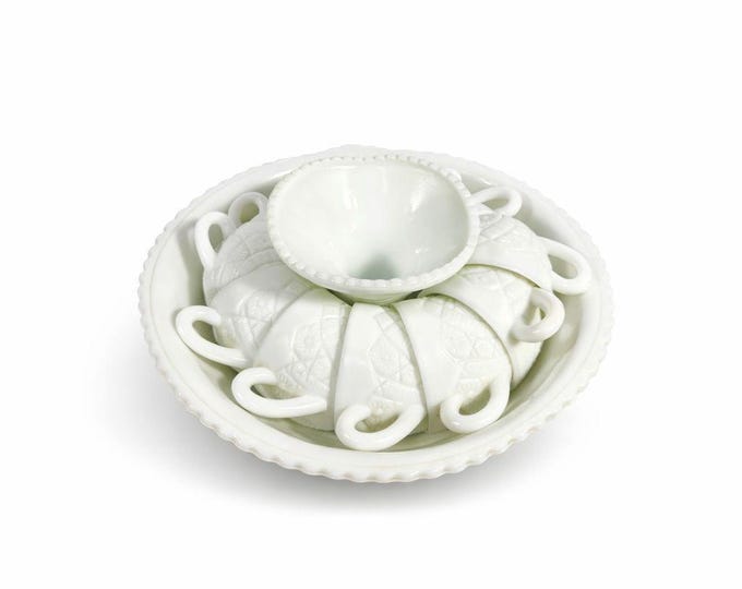 Pedestal Punch Bowl White Milk Glass Daisy and Button Thatcher Mckee Concord 12 Cups Mugs Hostess Party Serving Barware Wedding Vintage