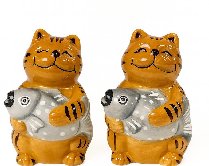 Cat and Fish Salt Pepper Shakers | GKAO Ceramic | Tabby Orange Striped Chubby Kitty Hug | Collectible Kitchen Decor | Funny Gifts Unique