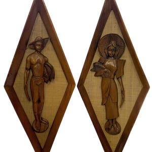 Pair 2 Set | Mid Century MCM |  Teak & Burlap Diamond Shaped Wall Hangings Wall Decor  | Man and Woman | Hand Carved | Boho Kitschy Kitschy
