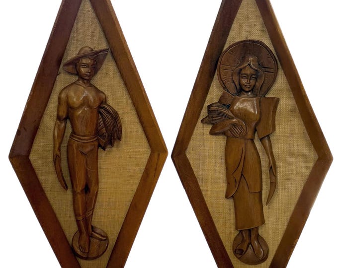 Pair 2 Set | Mid Century MCM |  Teak & Burlap Diamond Shaped Wall Hangings Wall Decor  | Man and Woman | Hand Carved | Boho Kitschy Kitschy