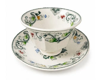 Taza y cuenco de té de loza transferida, azul verdoso antiguo, Francis Morley Aurora Staffordshire, sin asas, de porcelana fina.