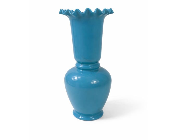 Blue Vase Bristol Glass Ruffled Antique Hand Blown Opaline Crimped Baluster-shaped Victorian Home Decor Decorative Accents Collectible