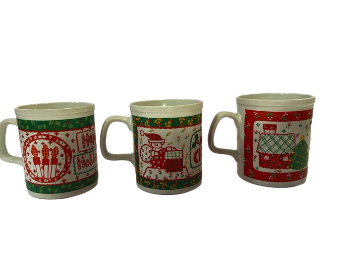 Set 3 | Vintage | Kitschy Patchwork Quilt | Merry Christmas | Happy Holidays Mugs | Japan Made