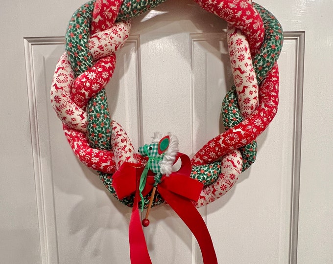 Handmade Vintage Fabric Christmas Wreath, Vintage Woven Fabric Christmas Wreath Red Green White