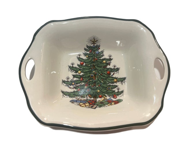 Vintage CUTHBERTSON Original Christmas Tree Handled Candy / Nut Dish Green Trim / Bowl