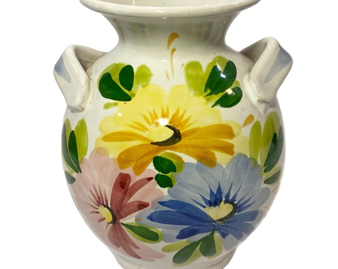 Vintage Hand Painted Italy Ceramic Pottery  Handled Spring Floral Flowers Vase/Planter Blue Yellow