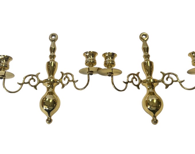 Pair Vintage Solid Brass Double (2) Arm Candle Holders Wall Sconces Scroll  | Wall Decor | Traditional | Hollywood Regency Grand Millennial