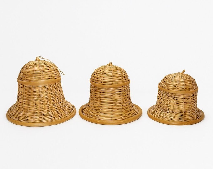 Wicker Rattan Christmas Bells Set 3 Mid Century Vintage Holiday Home Decor Decorations Shelf Sitter Ornaments Basket Style Nesting