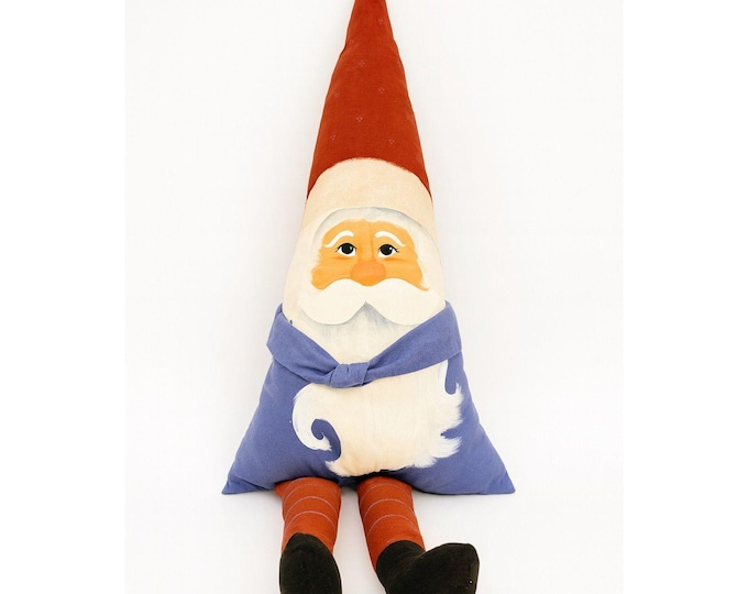 Santa Claus Pillow Doll With Red Hat & Blue Outfit | Vintage Hand Painted Christmas Holiday Decor Unique Primitive Cottage Granny Core