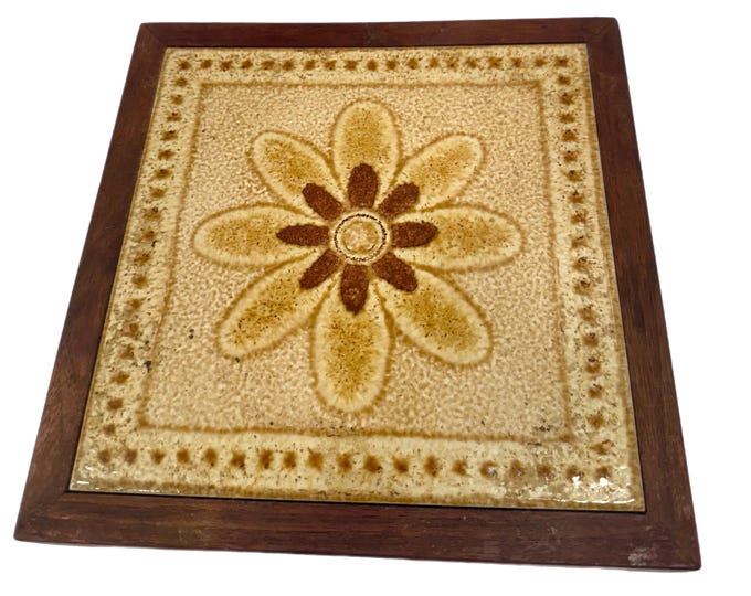 Vintage Retro Kitschy Mid Century | Tile Trivet Wooden Hot Plate | Semigres Italian Italy Brown Mustard Yellow | Kitchen Decor Kitchen Tool
