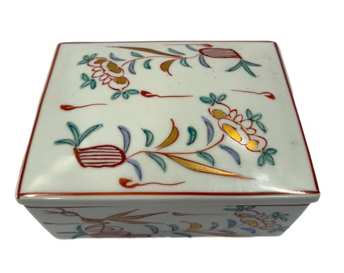 Vintage Tiffany & Co - Porcelain Trinket Box - Hand Painted Asian Design birds and flowers - Made in France - 1980’s - Red Green Blue Gold