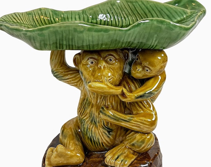 Majolica Pottery Monkey Bowl | Mama and Baby Monkey Banana Leaf | Decorative Accents Home Decor | Grand Millennial Traditional Nancy Myers