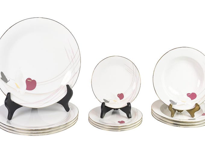 Rimmed Soup Bowls | Mikasa Anthurium Flower Fine Bone China CR006 | Set 4 | Replacement China Place Setting Japan Japanese |  80s vibes Gold