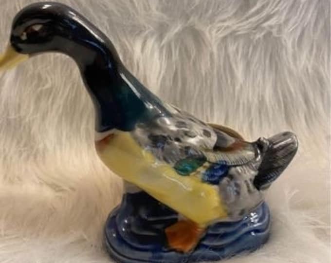 Vintage | Retro | Mid Century |Yellow breast Mallard Duck | Planter | Pot | Black Green White Blue | Ceramic Pottery