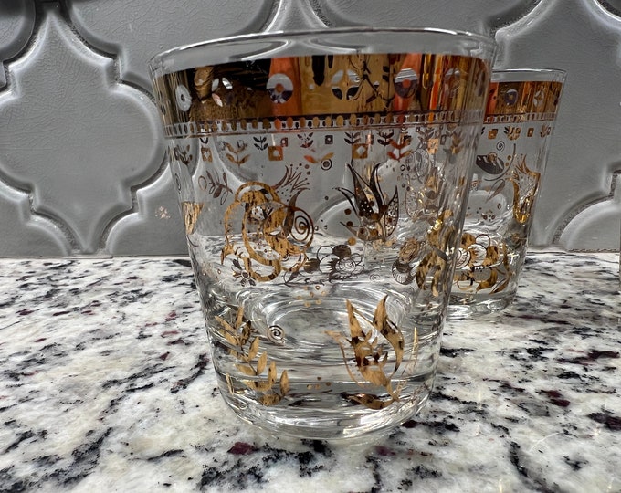 George Briard Double Shot Glasses Set 4 | Persian Garden 22k Gold | Vintage Mid Century Collectible Barware | Replacement Stemware Glassware