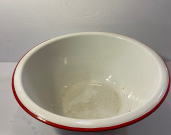 Vintage Large Primative Enamelware Round Farm House Bowl White Red Trim