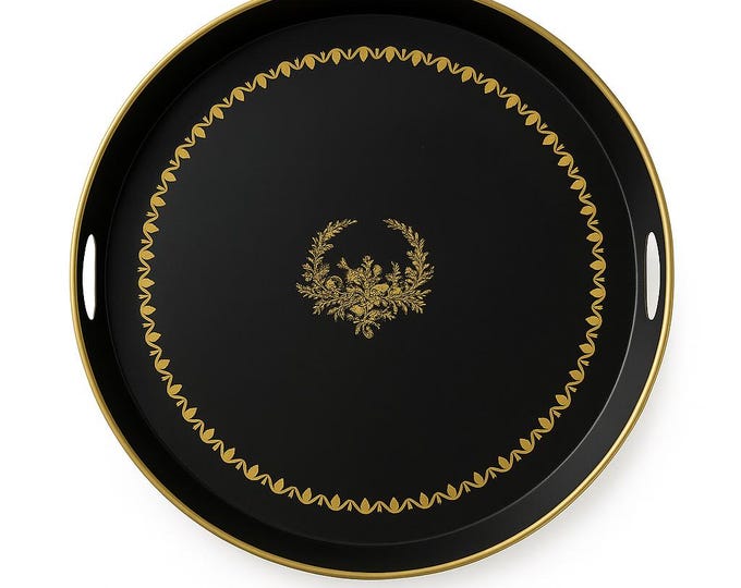 Toleware Server Tray Handled | Wildwood Black Gold | Vintage Barware Coffee Table Home Decor | Hostess Platter | Nancy Myers Traditional