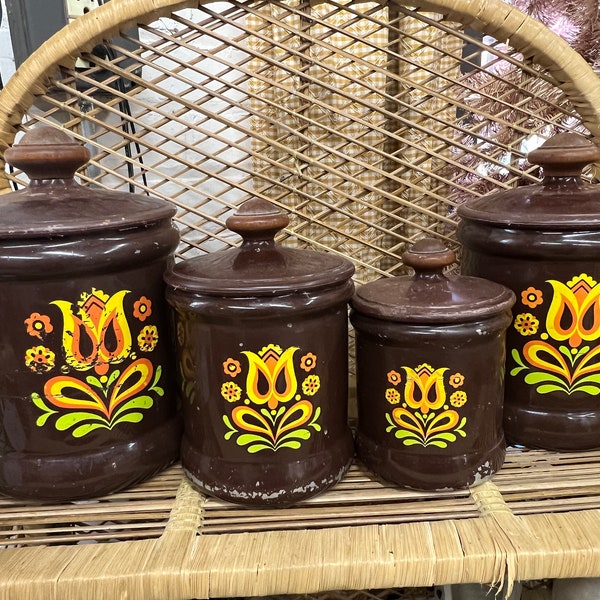 Brown West Bend Kitchen Canister Set, Retro Tulip Canister Set Brown Yellow