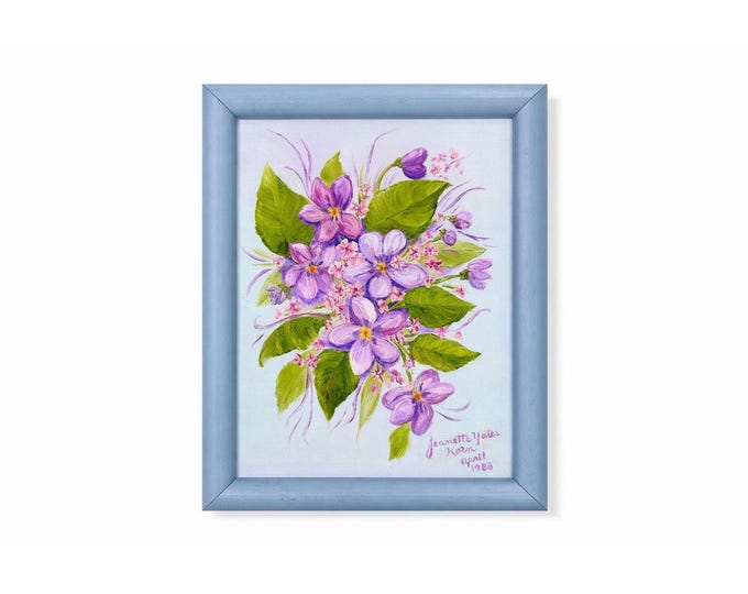 Mini Oil Painting Art Vintage Pansy Violets Flowers Artist Signed Vintage Mid Century Shelf Wall Decor Velvet Framed Framed Gold Flower