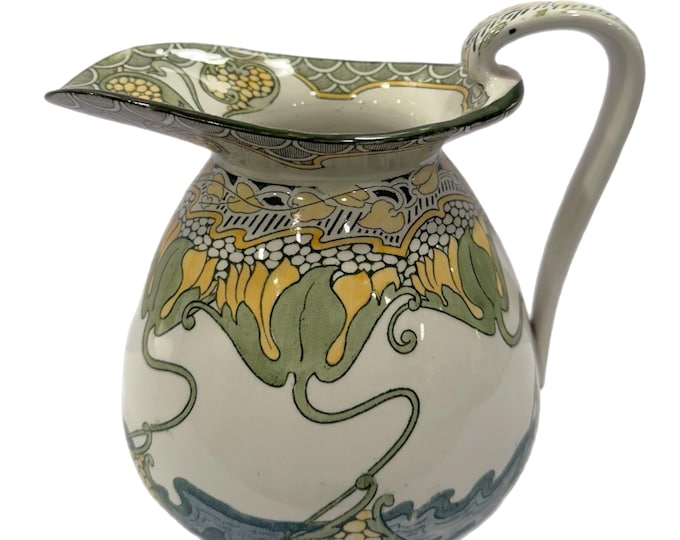 Antique Vintage | Art Nouveau | Doulton Burslem Kelmscot | Water Lily | Earthenware Stoneware | Tall Pitcher, c.1890 | Art Deco Handpainted