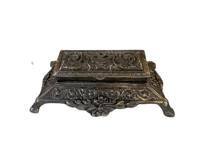 Brass Stamp Box Holder | Silver | 5 compartments | Art Nouveau Deco Victorian Rococo | Made in India | Desk Accessories Decor | Trinket Box