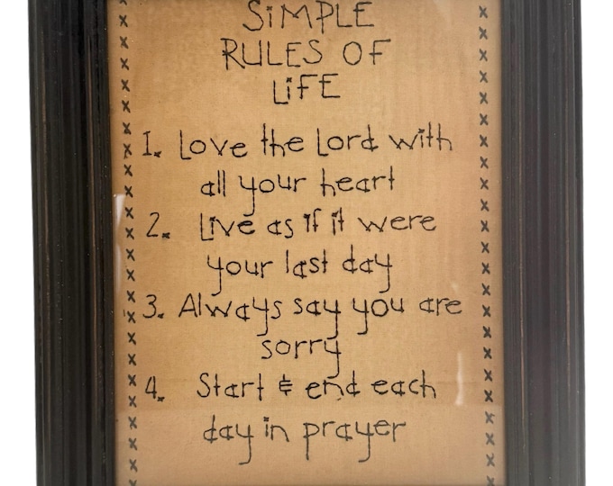 Vintage | Framed Rules to Live By | Needlepoint Stitchery | Wall Decor Wall Art Framed | Primitive Farmhouse Country Cottage Granny Core
