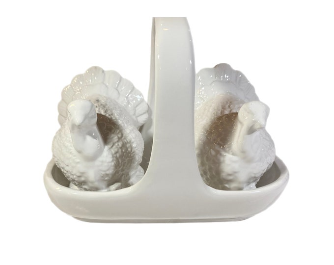 Vintage White Ironstone Ceramic Thanksgiving Turkey Salt and Pepper Shakers | Stopper | Basket | Fall Autumn Table Kitchen Decor