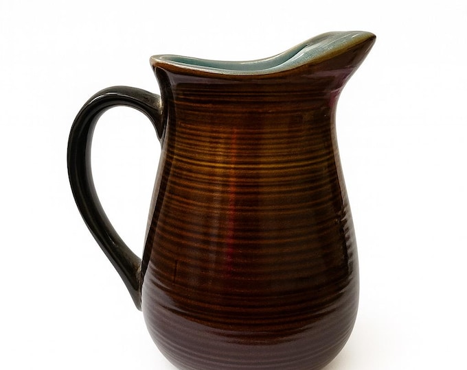 Pitcher with Ice Lip | Red Wing Ceramic Pottery Village Brown Rings Green Aqua | Vintage Kitchenware Serving 48 oz | Cottage Granny Core