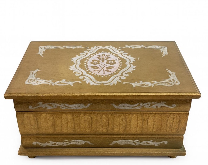 Jewelry Box Florentine Gilded Gold Footed | Royal Sealy Italian Decor Floral Italy Boudoir Storage Vintage Keepsake Grand Millennial