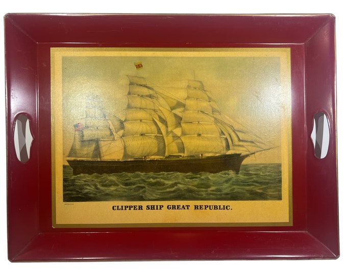 Vintage | Nashco Handled Metal Serving Tray | Currier and Ives | Red | Clipper Ship Sailboat