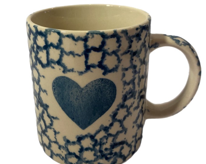 Vintage Gibson | Ceramic Sponge Spongeware | Blue Heart | Coffee Tea Mug | Cup