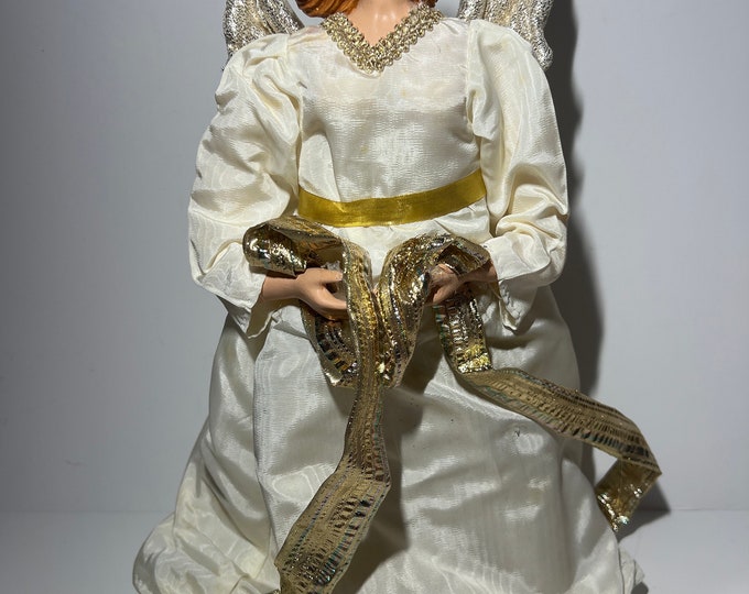 Vintage Angel Tree Topper Resin | Cream Gold Accents  Dress | Christmas Tree | Gold Ribbon Wings