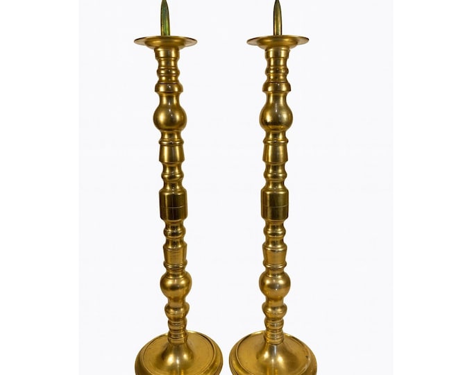 Large Brass Pillar Candlesticks Pair Set 2 VTG  29” Floor Altar Church Temple Candle Holders Fire Table Home Decor Decorative Accents Gold