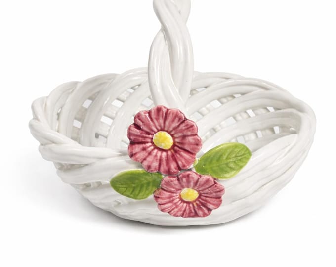 Pottery Basket Portugal Flowers Open Weave Lattice Spring Floral Hand Painted Home Decor Decorative Accents Ceramic Vintage Traditional