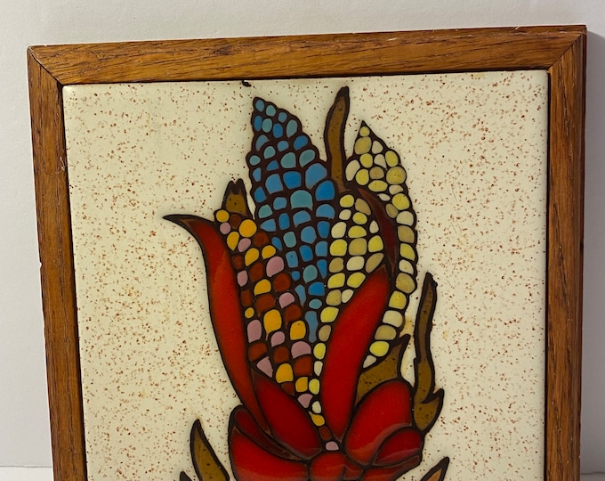 Vintage Framed Fiesta Tiles Trivet Wall Hanging 1983 Corn with Red Ribbon