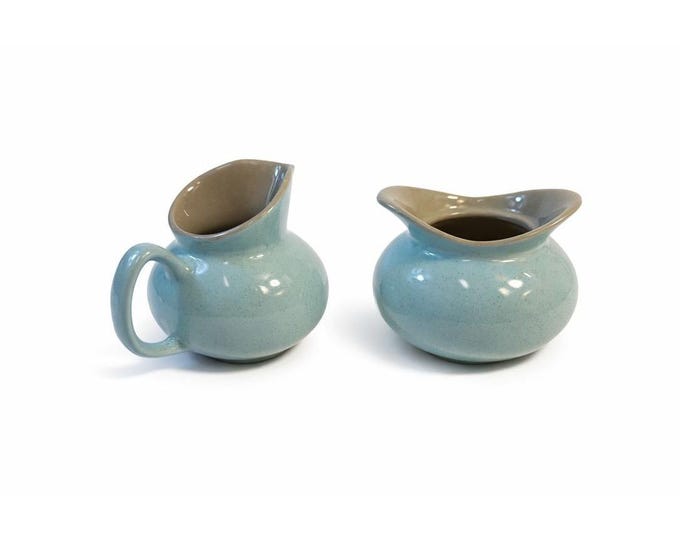 Creamer Sugar Bowl Set Harkerware Harker Pottery Ceramic Kitchenware Restaurant Vintage Blue Mist and Grey Speckled Mid Century