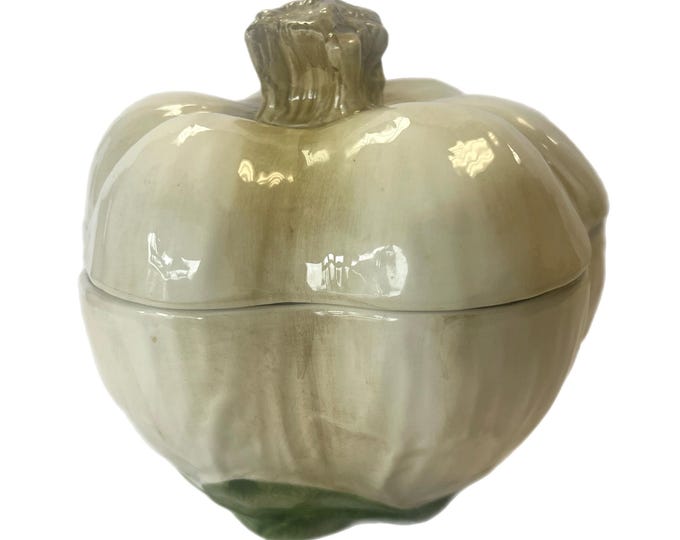 Vintage Italian Italy | San Marcos Majolica | Pottery Porcelain White Pumpkin | Garlic Dish Bowl with Lid Lidded  | Kitchen Storage Decor