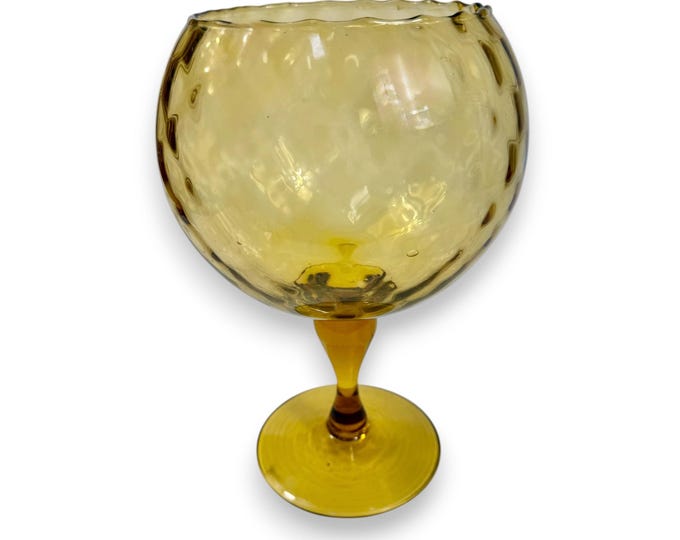 Italian Art Glass Snifter Brandy Vase | Amber Orange Empoli Handblown | Vintage Mid Century Diamond Optic Ripple Edge  Collectible Glassware