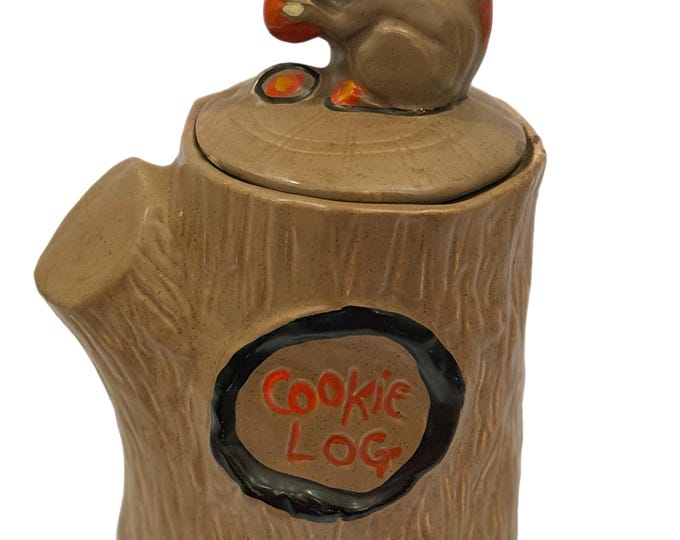 Mid Century | McCoy Squirrel on a Log Cookie Jar | Ceramic | Hand Painted | Kitschy Retro | Kitchen Decor Storage | Stump Tree Trunk Brown