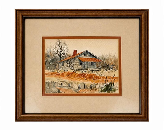 Watercolor Wall Art Old Farmhouse Shadow on Pond Artist Signed Matted Framed Vintage Home Decor Decorative Accents Hand Painted