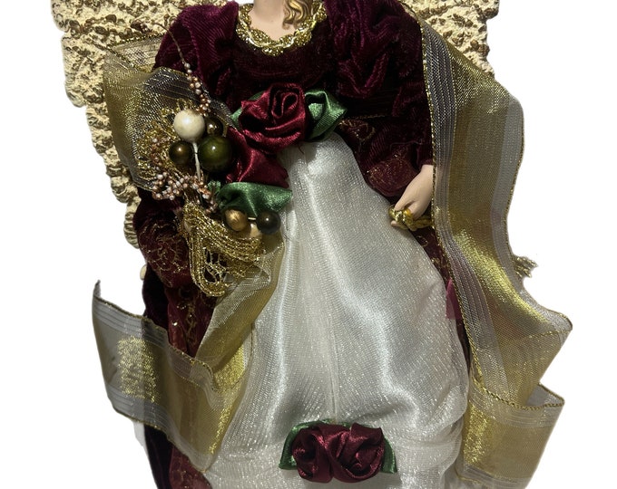 Vintage Angel Tree Topper Resin | Velvet Dress Burgundy Roses | Christmas Tree | Gold Wings