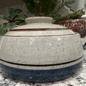 Vintage Boho Mid Century Otagiri Sierra Round Stoneware Covered Casserole Dish Lid Gray Blue with Brown Band Stripe