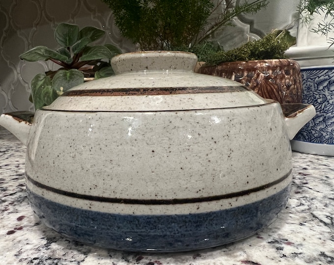 Vintage Boho Mid Century Otagiri Sierra Round Stoneware Covered Casserole Dish Lid Gray Blue with Brown Band Stripe