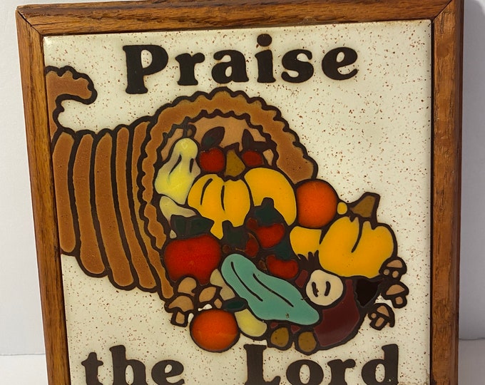 Vintage Framed Fiesta Tiles Trivet Wall Hanging 1983 Cornecopia Praise the Lord