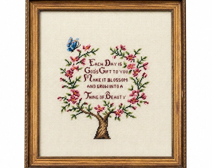 Framed Crewel Needlepoint Art Floral Work Each Day Gift to you Make it Bloom and Grow Handmade Granny Cottrage Core Wall Home Decor Gallery