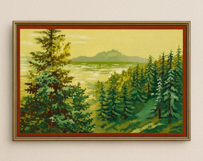 Framed Vintage Needlepoint Huge | Fall Colors Blue Ridge Mountains | Gold Frame Velvet Liner Home Wall Decor Hanging Statement Art Handmade