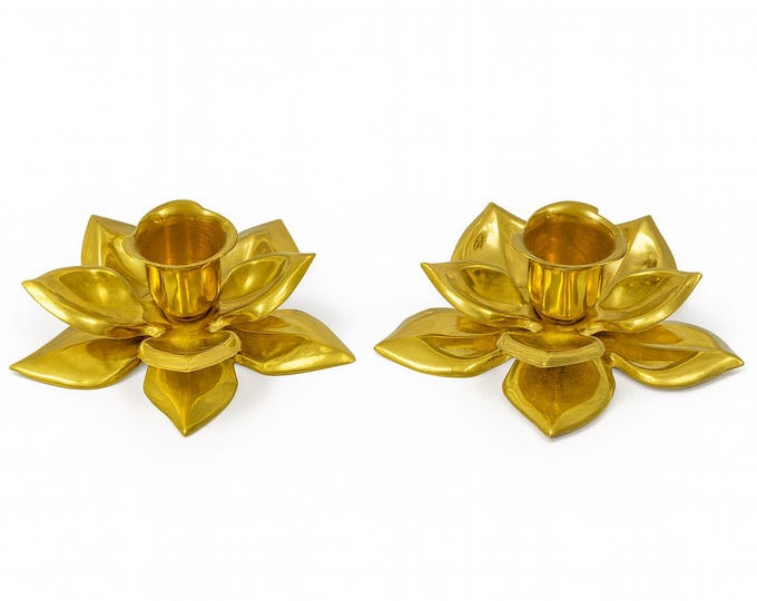 Solid Brass Taper Candle Holders | Flower Magnolia Petal Leaf Floral | Set 2 Pair | Vintage Southern Decor Tablescape  Holiday Entertaining