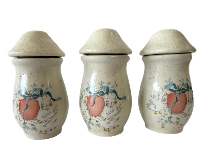 Marmalade Jars Mushroom Vintage Goose Geese | Spice Kitchen International Stoneware | Cottage Core Granny Core Farmhouse Primitive | Blue