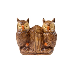 Owl Bird Bookends | Pottery Ceramic Figurines Hand Painted | Set Pair 2 | Cottage Granny Core | Bookshelf Woodland Decor Book ends Figurine